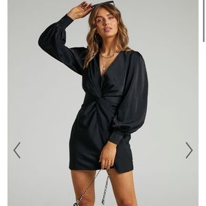 ShowPo. BILLIE TWIST FRONT MINI DRESS WITH LONG PUFF SLEEVES IN BLACK